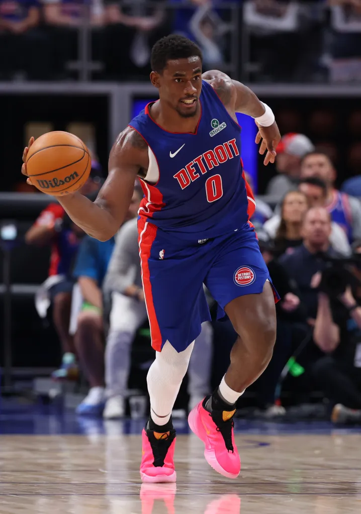 Jalen Duren #0 of the Detroit Pistons passes the ball against the Cleveland Cavaliers during the first quarter in Game Seven of the Second Round of the NBA Eastern Conference Playoffs at Little Caesars Arena on May 17, 2026 in Detroit, Michigan.