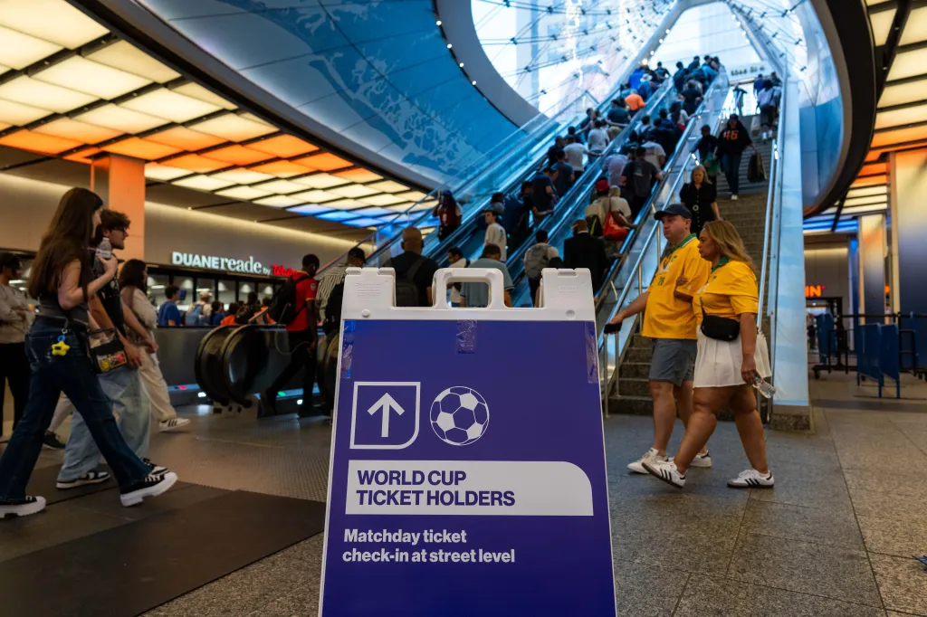 World Cup information sign in Penn Station directing ticket holders to street level check-in.