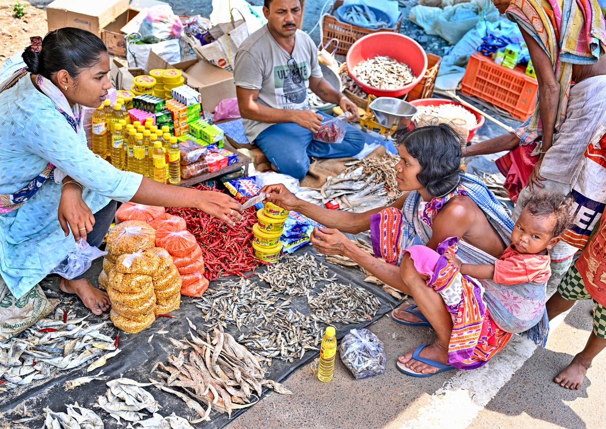A woman from Dongria Kondh tribe buying dried fish at the Monday shandy at Kalyan Singpur, a small town at the foothills of Odisha’s Niyamgiri range.