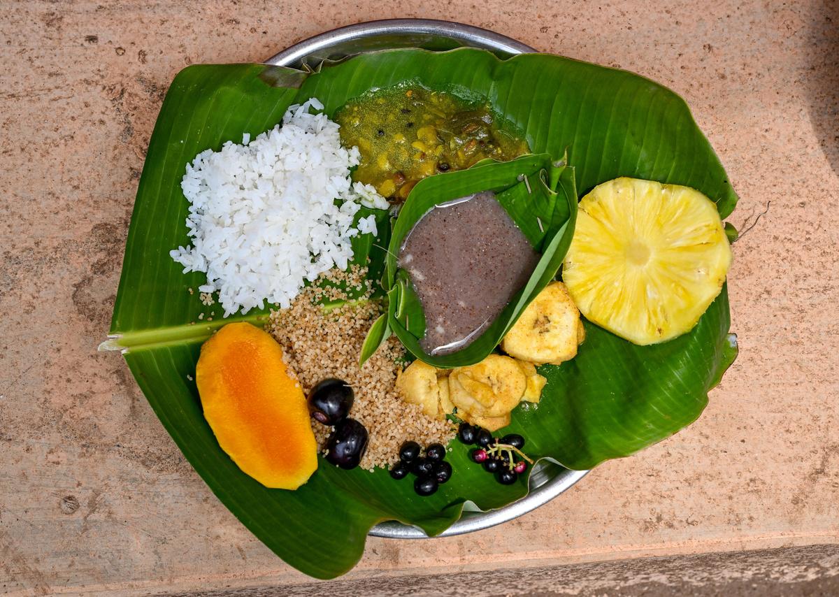 A meal of native varieties of dal and plantain fry, ragi, mango, pineapple and berries served on leaf plate fashioned from stitched leaves at Phakeri village in Niyamgiri, Odisha.