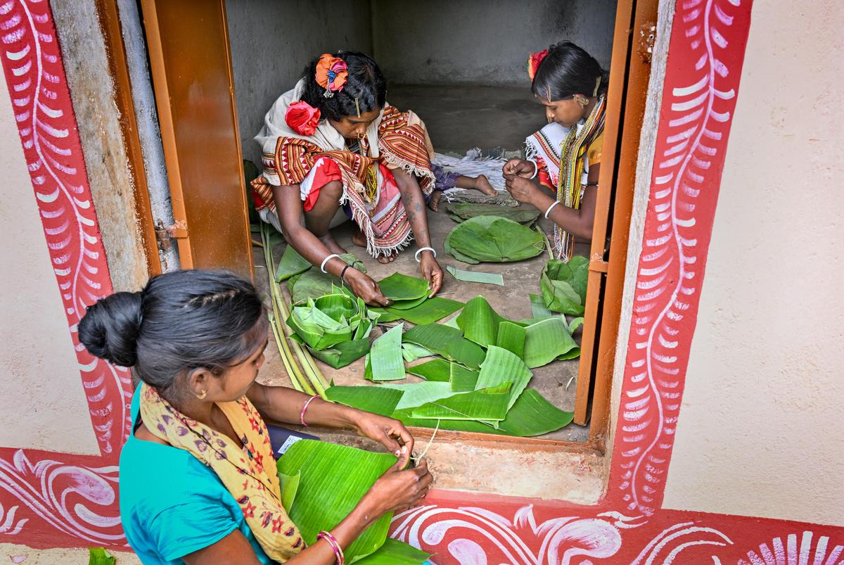 Women from Dongria Kondh tribes making bowls and plates by stitching leaves at Phakeri village in Niyamgiri, Odisha.