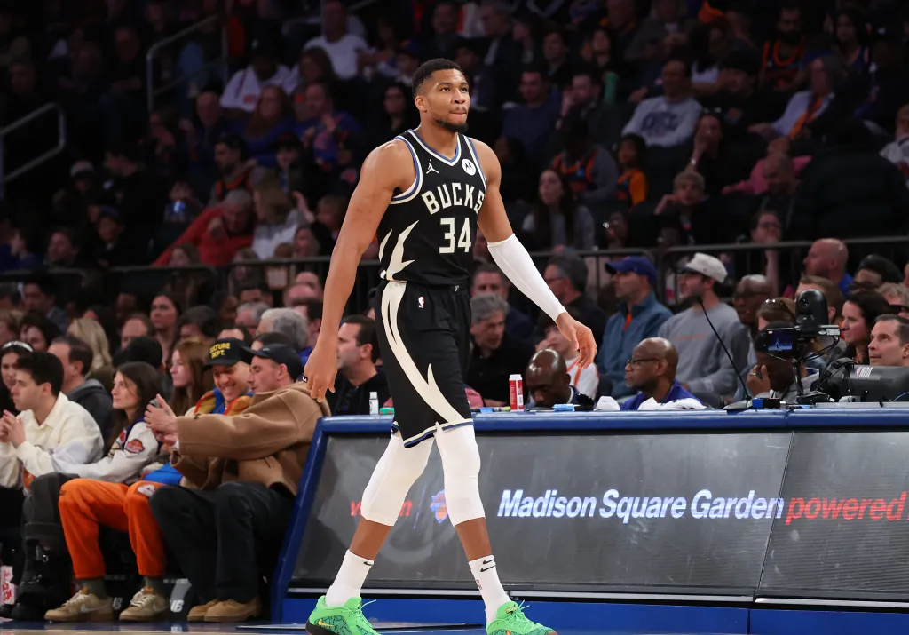 Giannis Antetokounmpo of the Milwaukee Bucks walks to the bench during the fourth quarter.