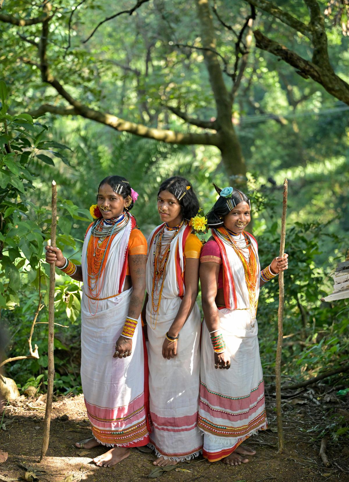 Women of tribal group Dongria Kondh in the forest for their village festival near Niyamgiri Hills of Odisha.