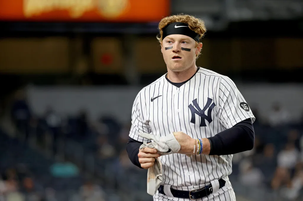 New York Yankees player Clint Frazier reacts after striking out to end the 5th inning.