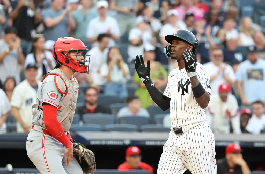 New York Yankees second baseman Jazz Chisholm Jr. #13 reacts as he scores on his solo home run during the second inning.