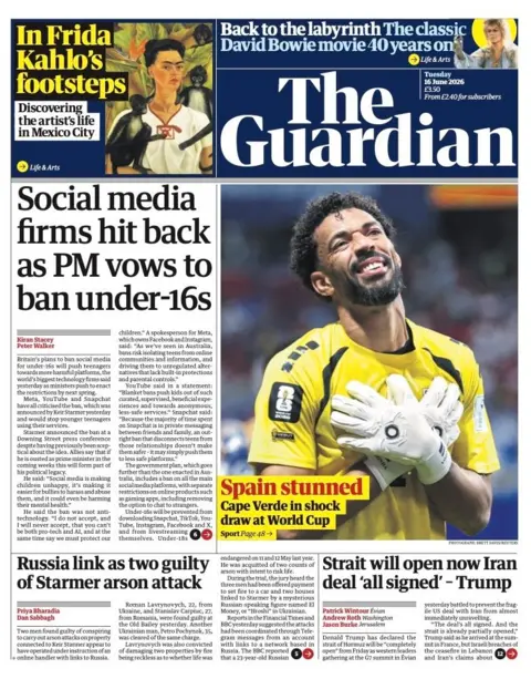 The headline on the front page of the Guardian reads: “Social media firms hit back as PM vows to ban under-16s”. 