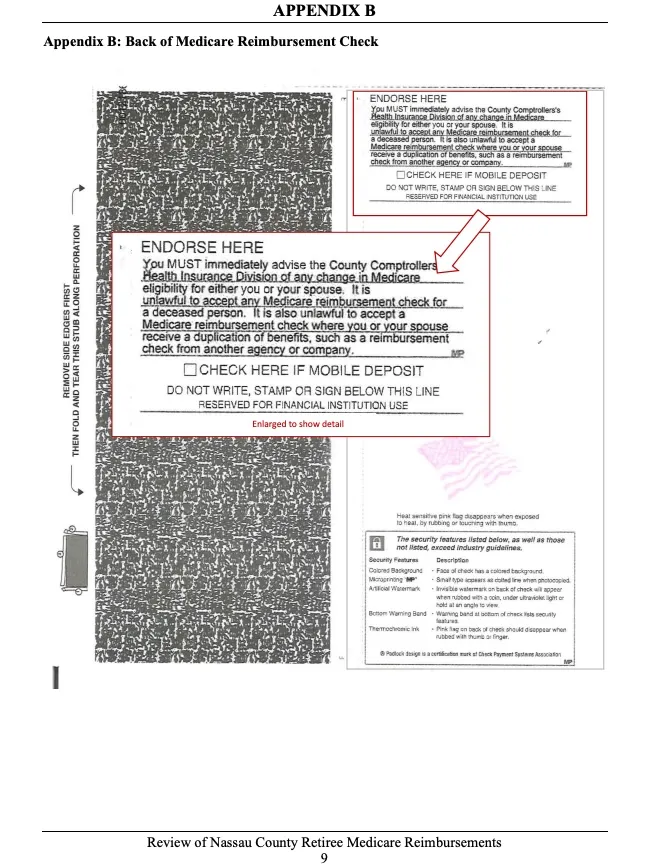 Illustration of the back of a Medicare reimbursement check with instructions for endorsement and security features.