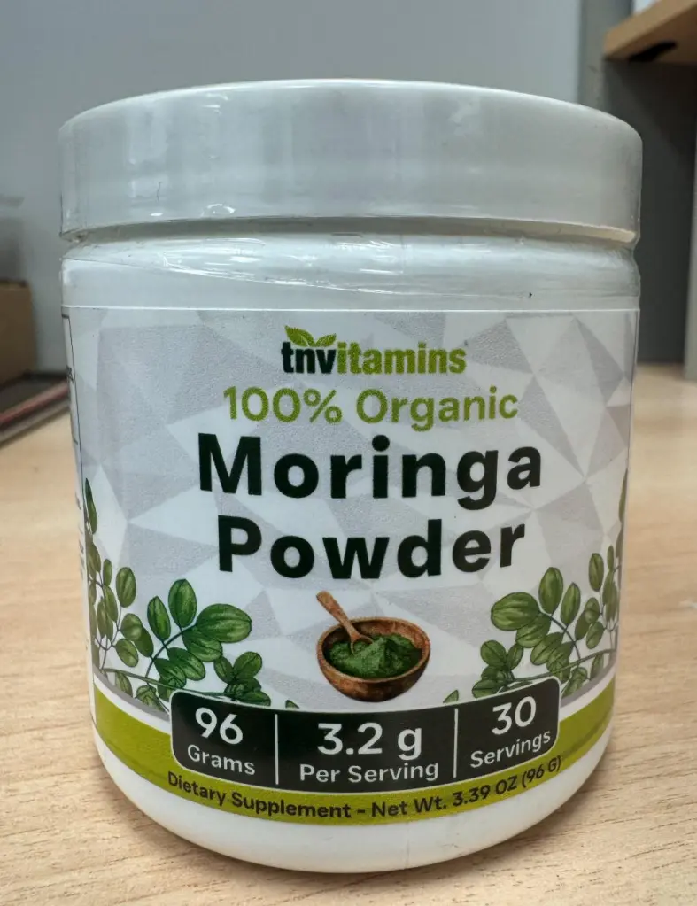 TNVitamins 100% Organic Moringa Powder product packaging.