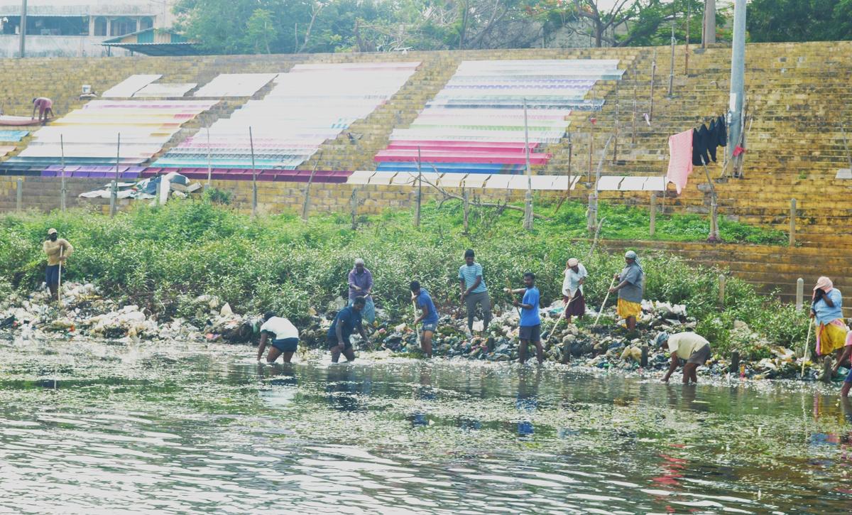 Special teams of workers engaged in cleaning river Godavari at Kotilingala Ghat in in Rajamahendravaram city.