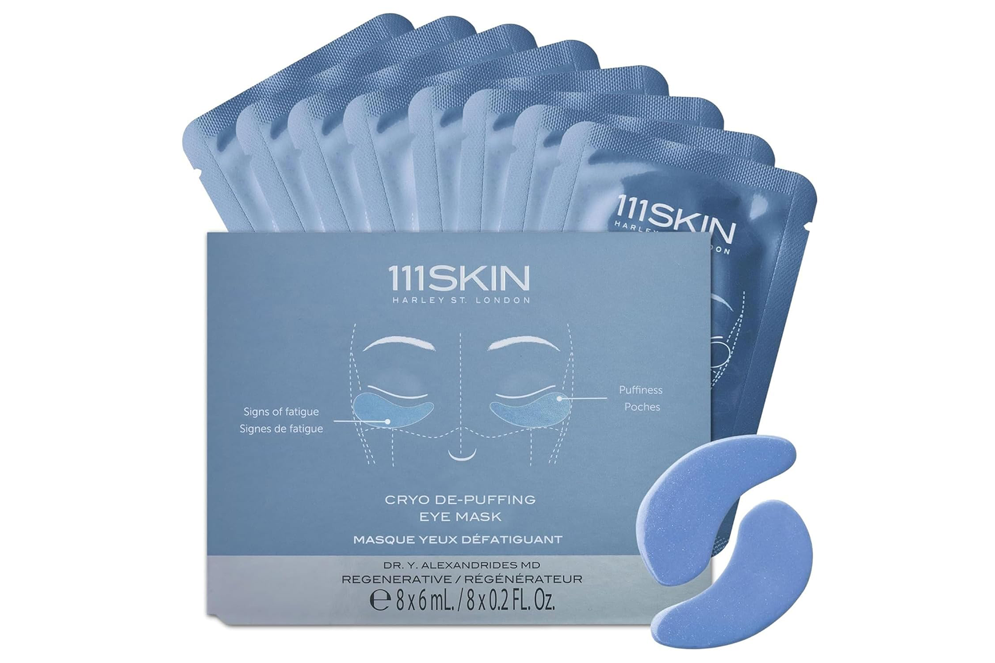 111SKIN Cryo De-Puffing Eye Mask box with individual packets and two eye mask patches.