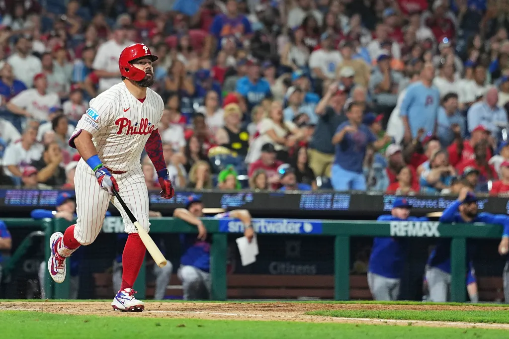 Kyle Schwarber of the Philadelphia Phillies after hitting a two-run home run.