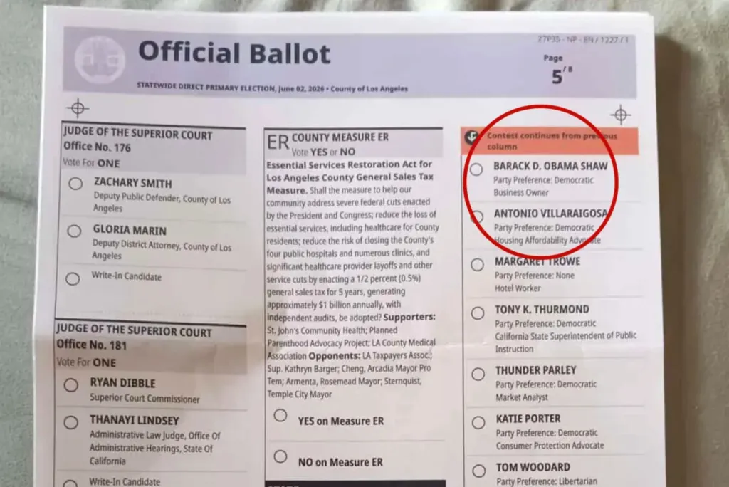 A portion of an official ballot with "BARACK D. OBAMA SHAW" highlighted.