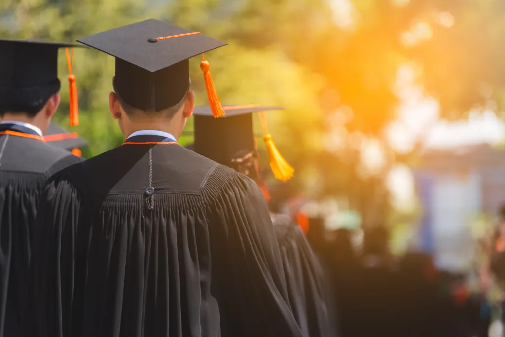 Graduates in caps and gowns, viewed from behind, walking towards a bright, sunlit background.