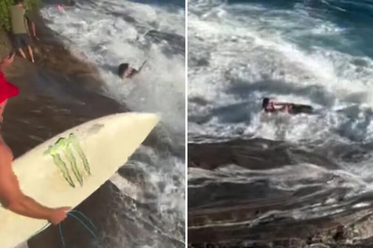Rogue wave sweeps woman off infamous Hawaii beach as frantic rescue caught on camera