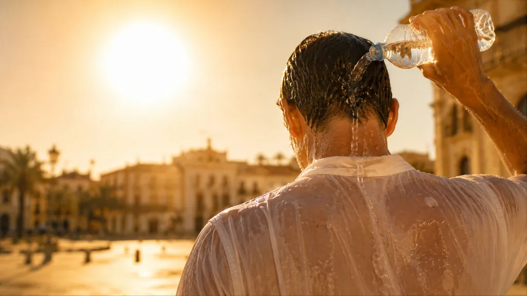Man pouring water on his head to cool down during a European heatwave at sunset.