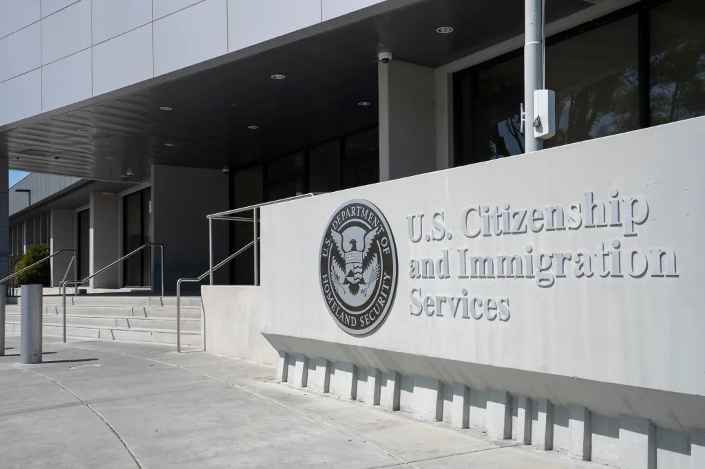 The sign for the U.S. Citizenship and Immigration Services (USCIS) office in Santa Clara, California.