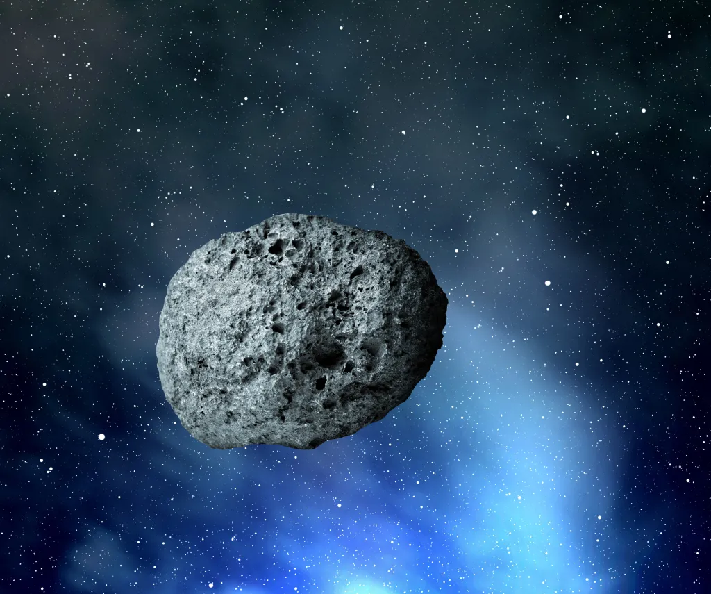 Illustration of a large asteroid against a starry sky with a blue nebula.