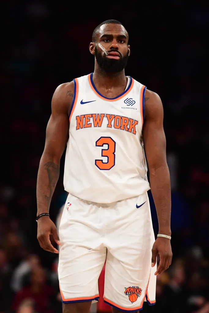 Tim Hardaway Jr. #3 of the New York Knicks reacts during the fourth quarter of the game against the Miami Heat at Madison Square Garden on January 27, 2019.