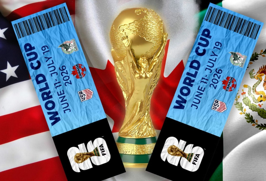 Illustration of two light blue World Cup 2026 tickets with the World Cup trophy in the center, set against a background of the flags of the USA, Canada, and Mexico.