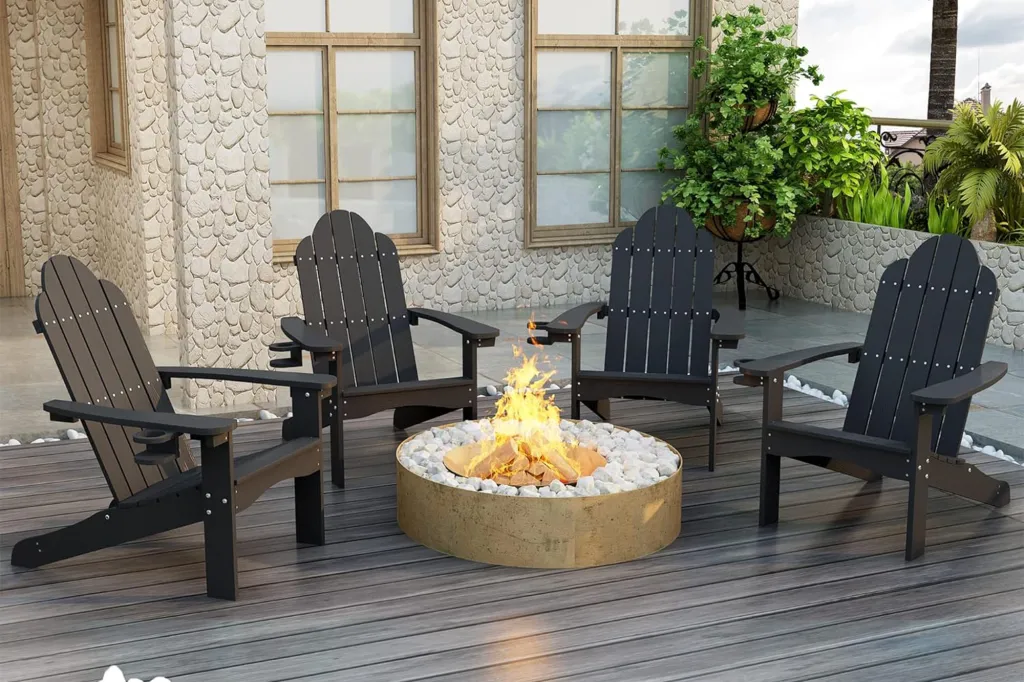 Illustration of four dark Adirondack chairs surrounding a lit fire pit.