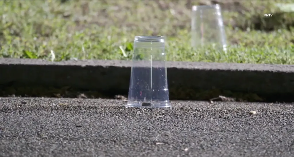 Two shell casings are visible under plastic cups, marking evidence at a shooting scene.