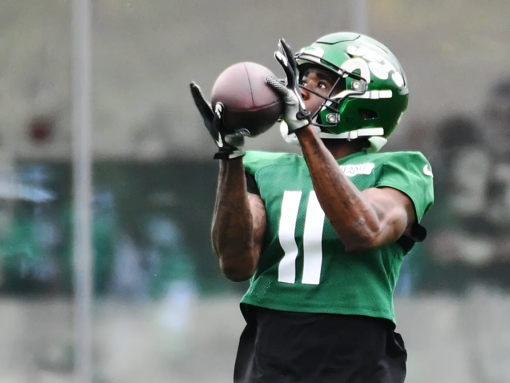 New York Jets wide receiver Denzel Mims #11 catches a pass during practice.