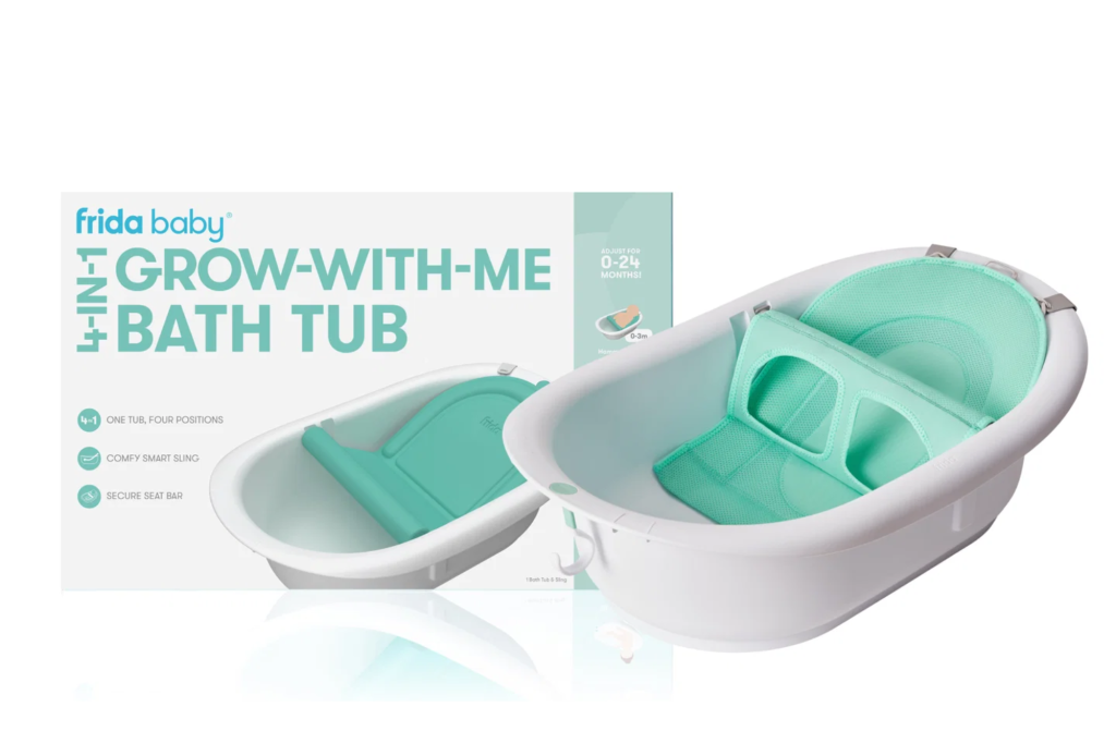 Frida Baby Grow-with-Me Baby Bathtub, a white bathtub with a removable mint green sling.