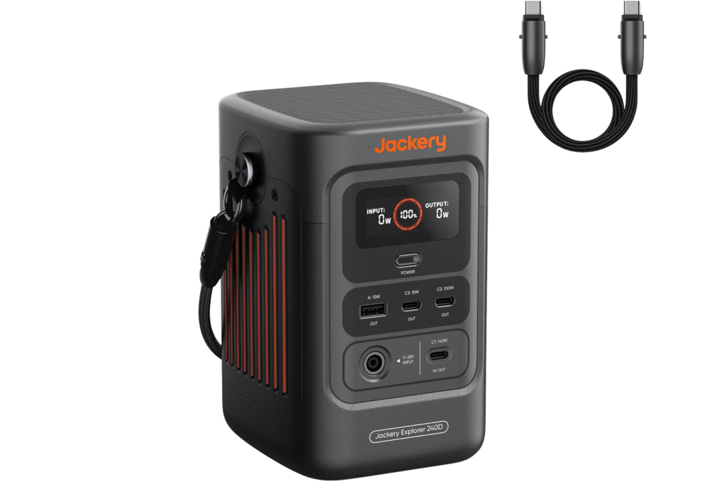 Jackery Explorer 240D power bank and a USB-C to USB-C charging cable.