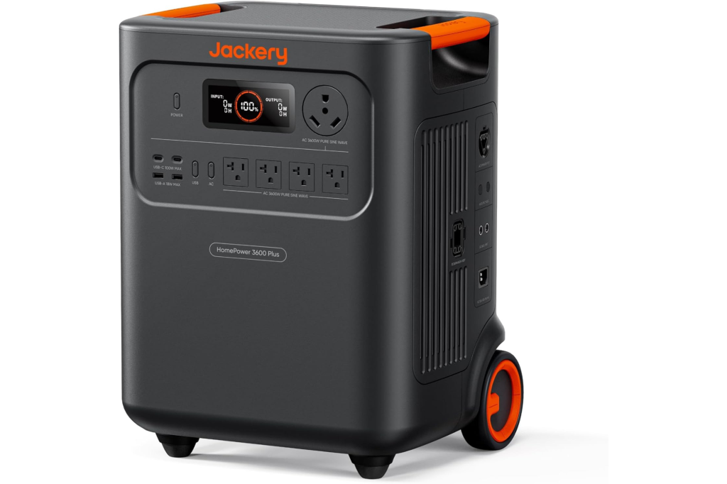 Jackery HomePower 3600 Plus Portable Power Station, showing various ports and display.