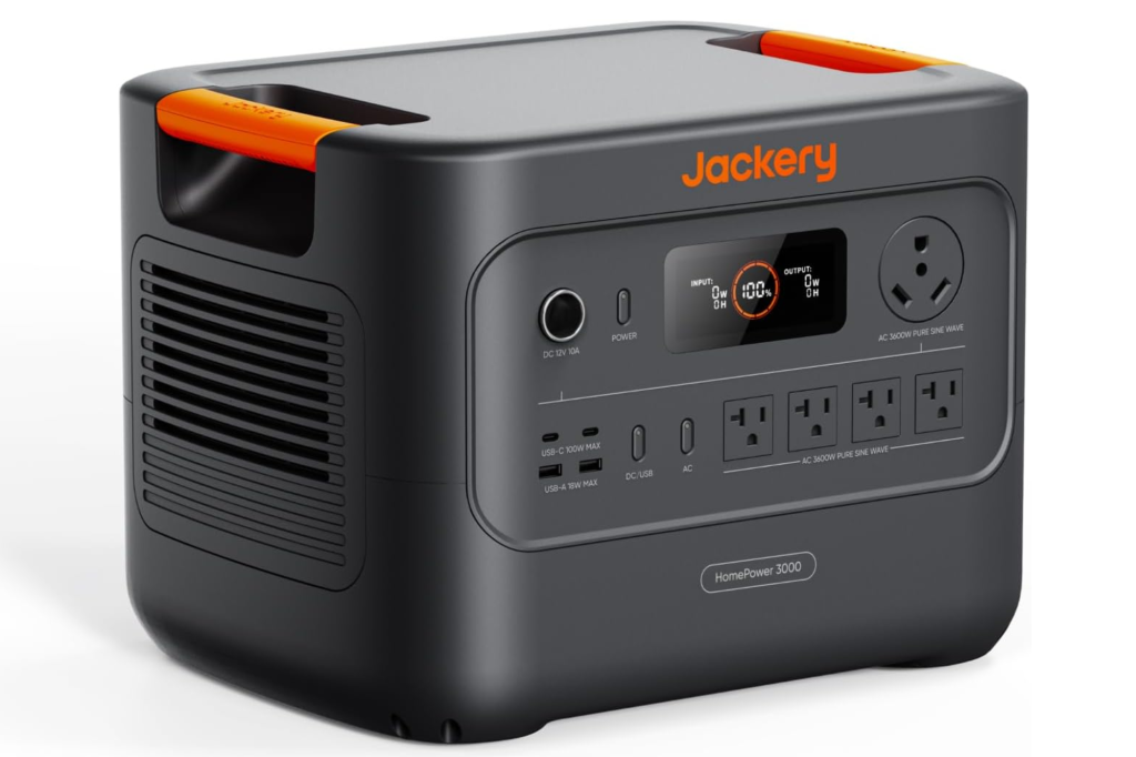 Jackery HomePower 3000 Portable Power Station with its display showing 100% battery.