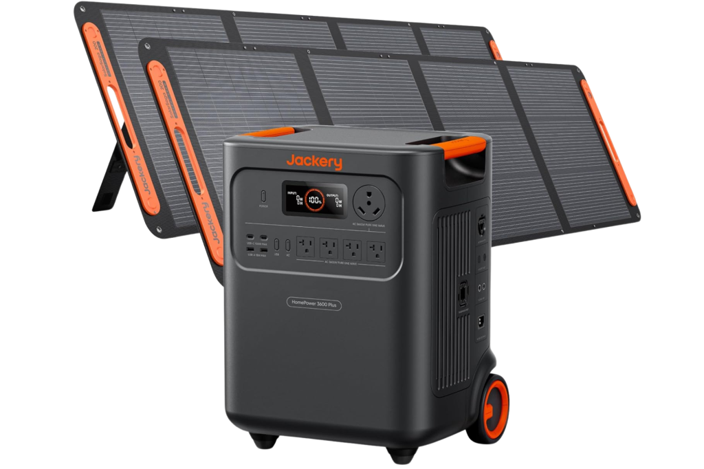Jackery HomePower 3600 Plus Portable Power Station with solar panels.