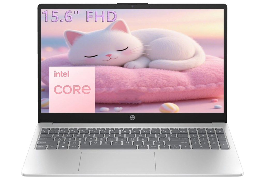 HP laptop with a 15.6" Full HD screen displaying an illustration of a white cat sleeping on a pink cushion, with "intel CORE" visible on the screen.