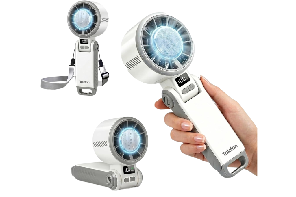 Collage of a Taiofan portable handheld fan shown in three different positions: with a strap, being held by a hand, and folded on a surface.