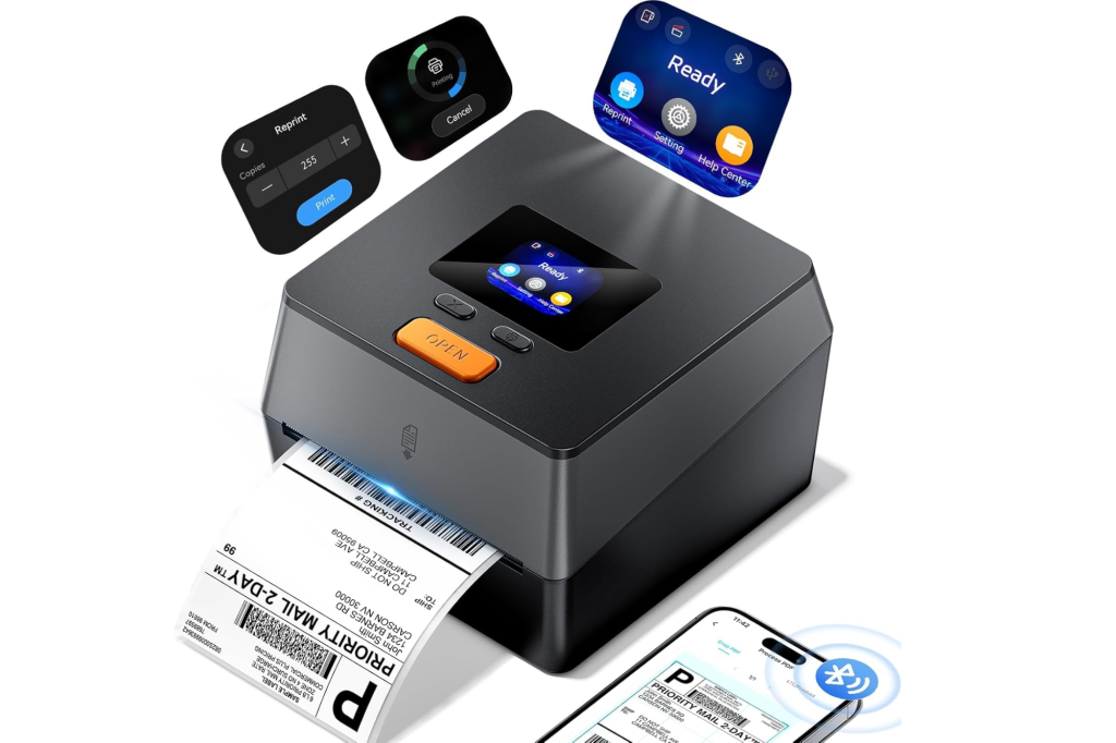 Phomemo Shipping Label Printer printing a shipping label, with app screens showing "Ready" and "Reprint" functions.