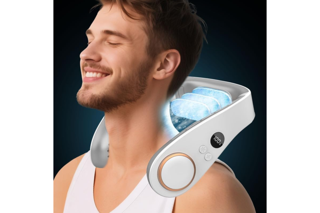 Man smiling while wearing a white OVIFM Neck Fan with cool air visibly flowing.