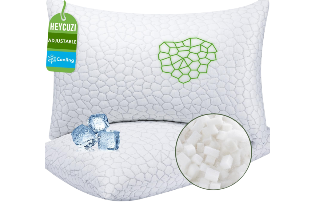 Two white "HEYCUZI Cooling Pillows" with a green tag, ice cubes, and an insert showing the pillow's shredded foam filling.