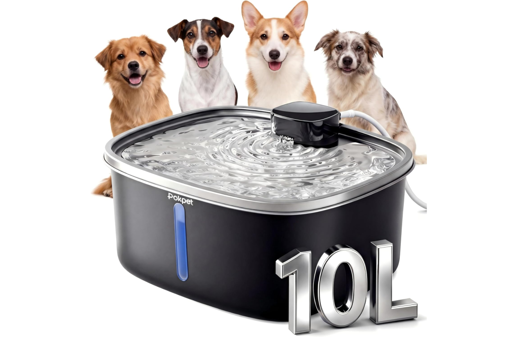 Pokpet dog water fountain with 10-liter capacity and four dogs in the background.