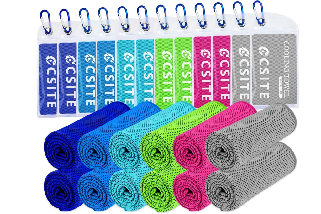 CSITE Cooling Towels in various colors, each with a carabiner attached.