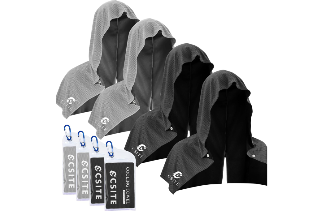 CSITE Cooling Hoodies in gray and black, along with packaged cooling towels.