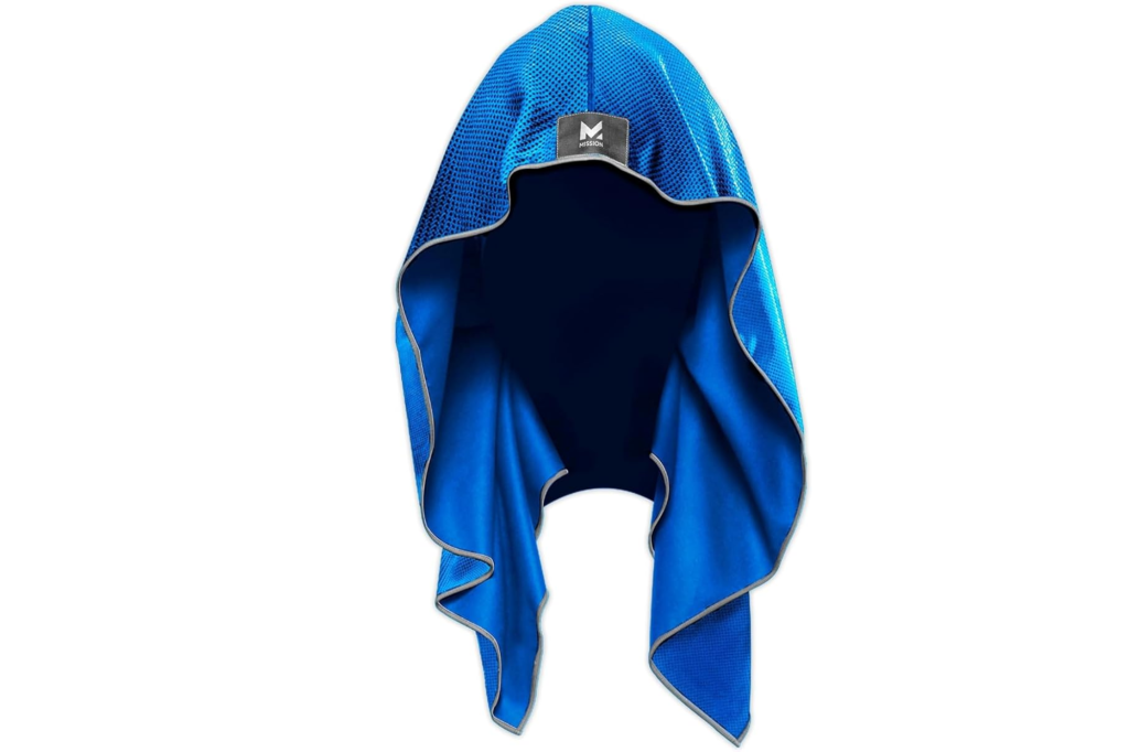 Blue Mission cooling towel with a hood.