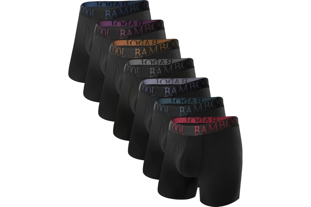 Seven pairs of black men's ultra-comfort soft underwear with colorful waistbands featuring "COOL BAMBOO" branding.