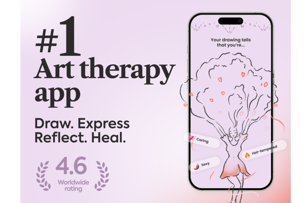 Illustration of an art therapy app interface on a smartphone.