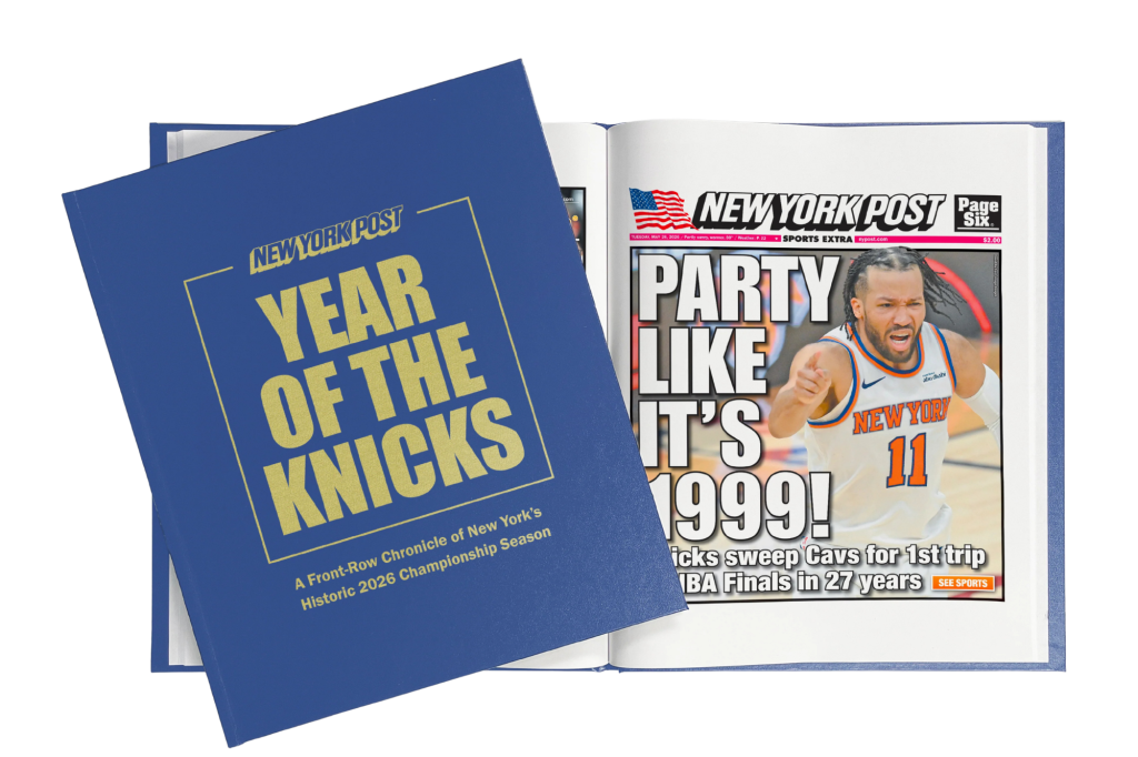 A blue book titled "Year of the Knicks" next to an open book with a newspaper cover featuring a basketball player and the headline "Party Like It's 1999!"