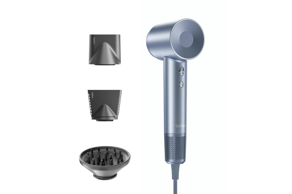 Illustration of a light blue Laifen Premium High-Speed Hair Dryer with two concentrator nozzles and a diffuser.