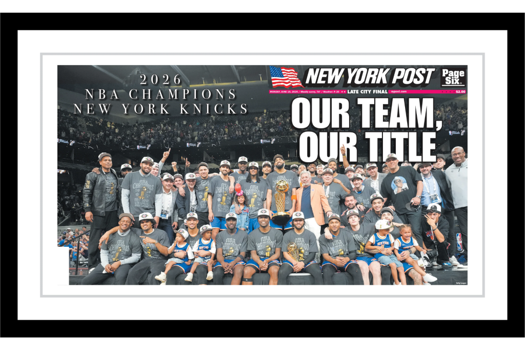 A newspaper front page of the 2026 New York Knicks NBA champions.
