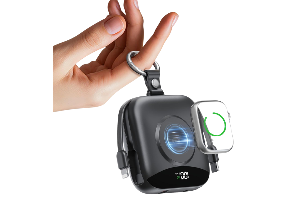 Illustration of a hand holding a Baseus 65W 20000mAh power bank charging a smartwatch.