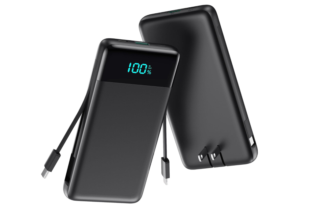 Charmast small power bank with built-in cables, one showing "100%" on its display.