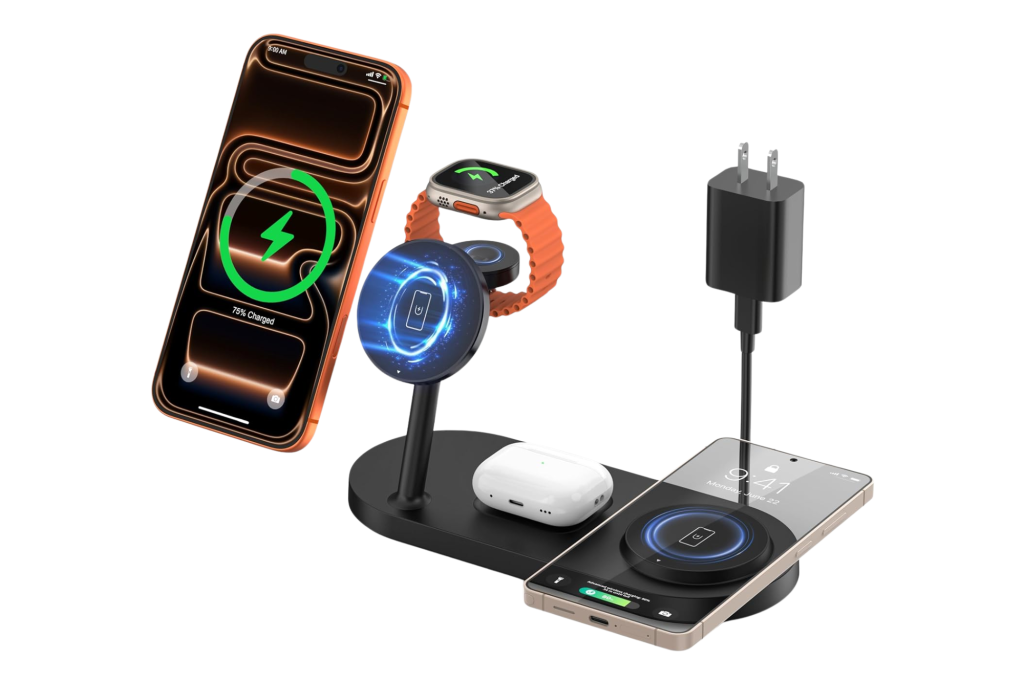 Belkin BoostCharge Pro Fast Wireless Charger charging a phone, smartwatch, and earbuds.