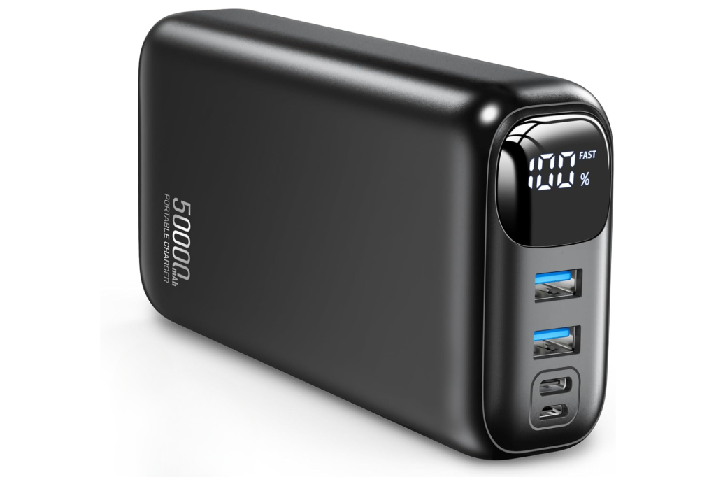 A black Vrurc Mini Power Bank with 50000mAh capacity.