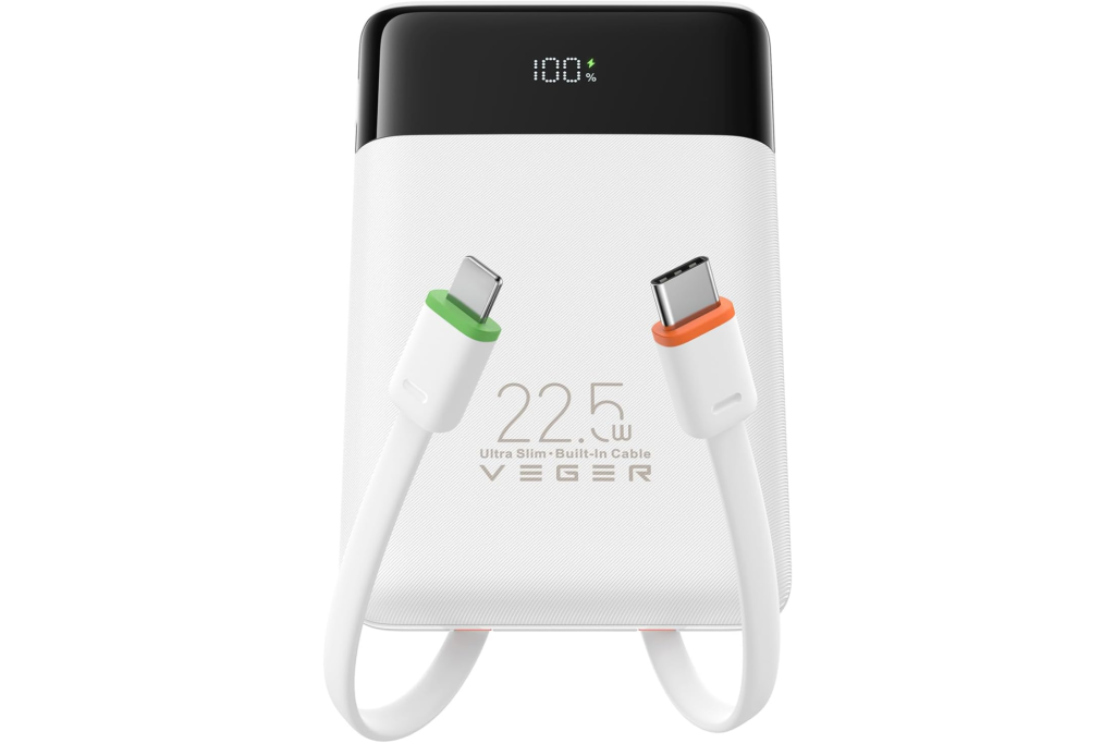 White VEGER power bank with 22.5W output and built-in cables, displaying 100% charge.